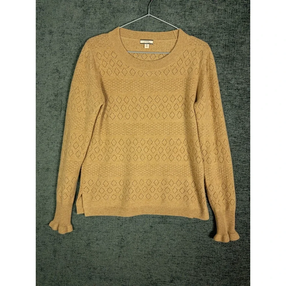 J. Crew 100% Cashmere Crewneck Sweater Womens S Camel Tan Ruffle Pointelle